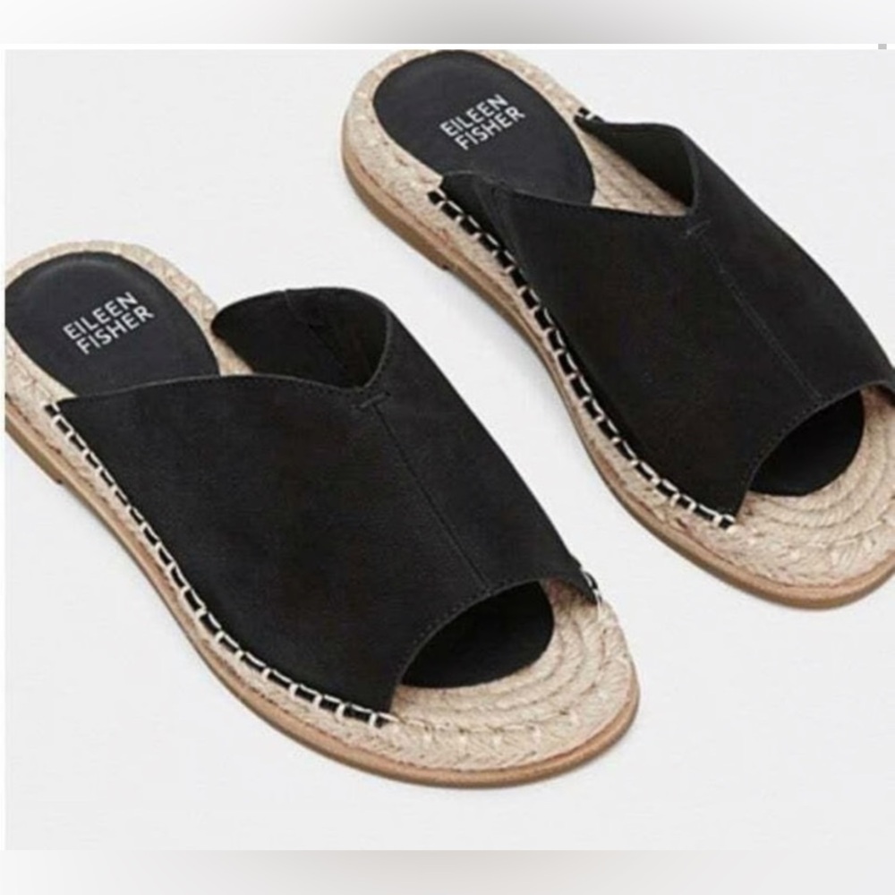 Eileen Fisher Milly espadrille slides sandals US 8 black nubuck slip on flats